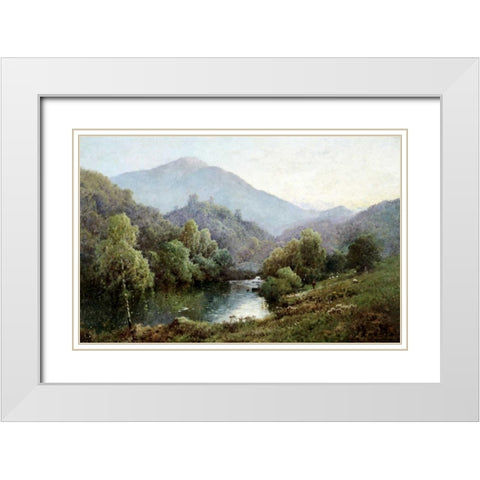 English Mountain Lake White Modern Wood Framed Art Print with Double Matting by De Breanski, Alfred