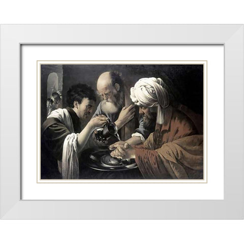 Pilate Washing His Hands White Modern Wood Framed Art Print with Double Matting by Ter Brugghen, Hendrick