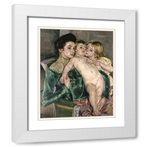 Childs Caress White Modern Wood Framed Art Print with Double Matting by Cassatt, Mary