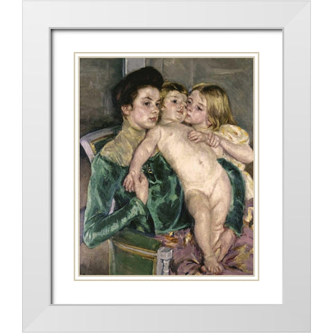 Childs Caress White Modern Wood Framed Art Print with Double Matting by Cassatt, Mary