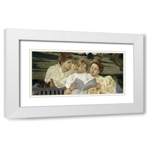 Family Group Reading White Modern Wood Framed Art Print with Double Matting by Cassatt, Mary