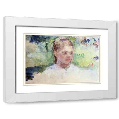 Little Girls Head - Green Background White Modern Wood Framed Art Print with Double Matting by Cassatt, Mary