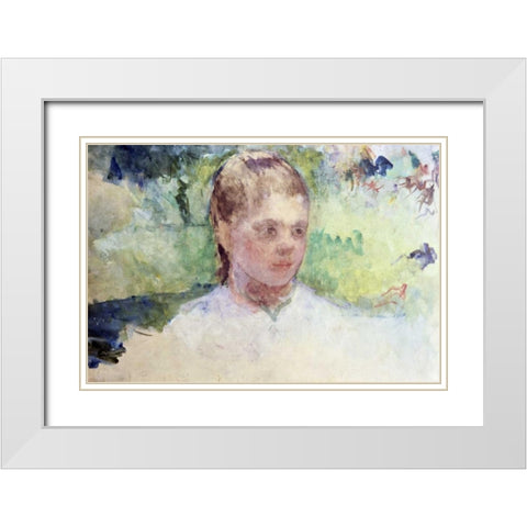 Little Girls Head - Green Background White Modern Wood Framed Art Print with Double Matting by Cassatt, Mary