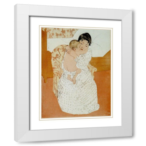 Maternal Caress White Modern Wood Framed Art Print with Double Matting by Cassatt, Mary