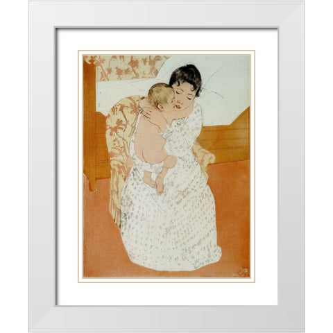 Maternal Caress White Modern Wood Framed Art Print with Double Matting by Cassatt, Mary