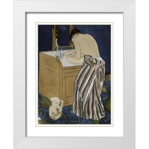 Woman Bathing White Modern Wood Framed Art Print with Double Matting by Cassatt, Mary