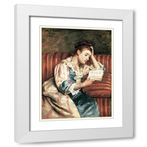 Young Woman Reading White Modern Wood Framed Art Print with Double Matting by Cassatt, Mary