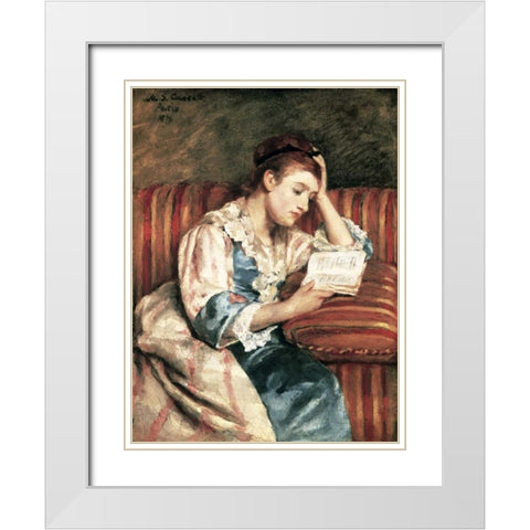 Young Woman Reading White Modern Wood Framed Art Print with Double Matting by Cassatt, Mary