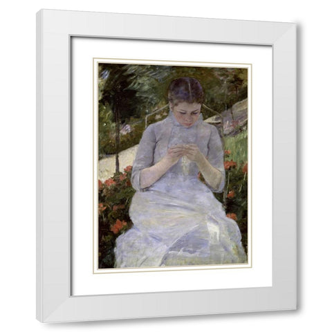 Young Woman Sewing in the Garden White Modern Wood Framed Art Print with Double Matting by Cassatt, Mary