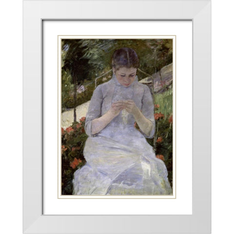 Young Woman Sewing in the Garden White Modern Wood Framed Art Print with Double Matting by Cassatt, Mary