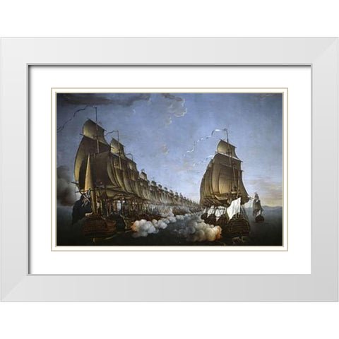 Combat Between The French and English Fleets As Viewed From Goudelour White Modern Wood Framed Art Print with Double Matting by Rossel de Cercy, Auguste Louis