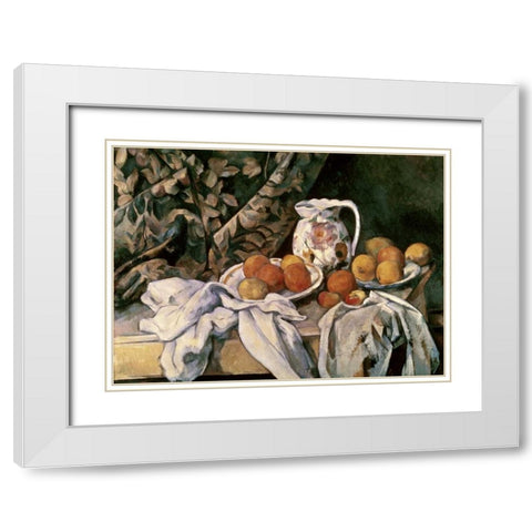 Curtain, Carafe and Fruit White Modern Wood Framed Art Print with Double Matting by Cezanne, Paul