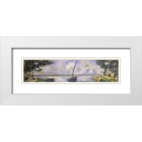 The Bathers and The Barge White Modern Wood Framed Art Print with Double Matting by Cezanne, Paul