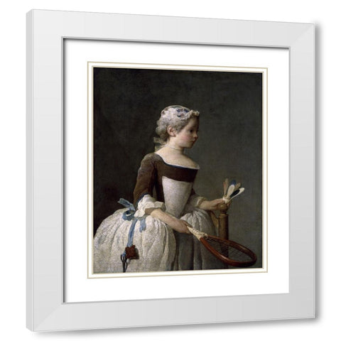 Girl With Racket and Shuttlecock White Modern Wood Framed Art Print with Double Matting by Chardin, Jean-Baptiste-SimÃ©on