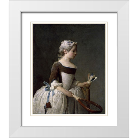 Girl With Racket and Shuttlecock White Modern Wood Framed Art Print with Double Matting by Chardin, Jean-Baptiste-SimÃ©on
