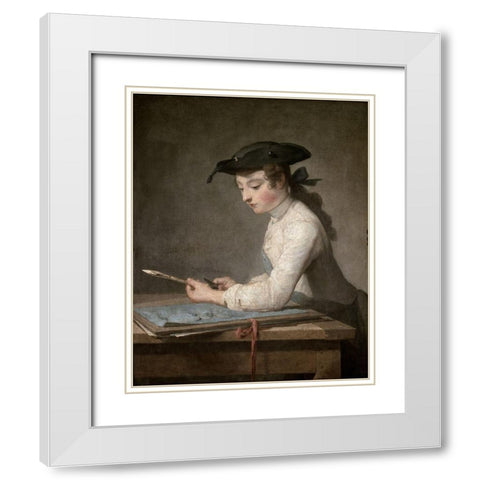 Young Draftsman White Modern Wood Framed Art Print with Double Matting by Chardin, Jean-Baptiste-SimÃ©on