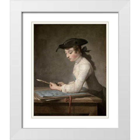 Young Draftsman White Modern Wood Framed Art Print with Double Matting by Chardin, Jean-Baptiste-SimÃ©on