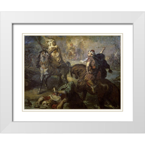 Arab Chiefs Challenging To Combat Under a City Ramparts White Modern Wood Framed Art Print with Double Matting by Chasseriau, Theodore