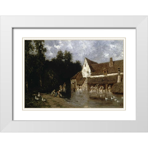 Washerwomen White Modern Wood Framed Art Print with Double Matting by Cicerie, E.