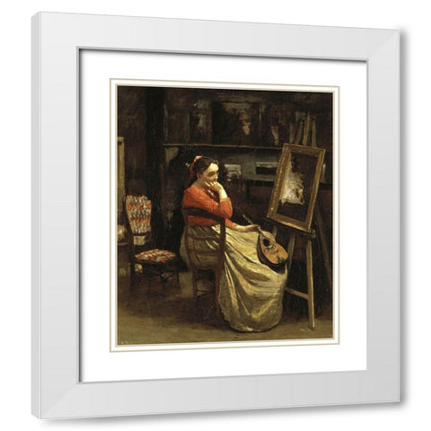 Corots Studio, Young Woman With a Mandolin White Modern Wood Framed Art Print with Double Matting by Corot, Jean-Baptiste-Camille