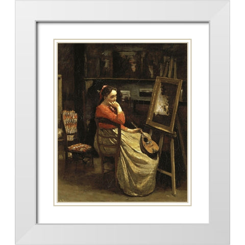 Corots Studio, Young Woman With a Mandolin White Modern Wood Framed Art Print with Double Matting by Corot, Jean-Baptiste-Camille