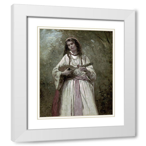 Gypsy Girl With Mandolin White Modern Wood Framed Art Print with Double Matting by Corot, Jean-Baptiste-Camille