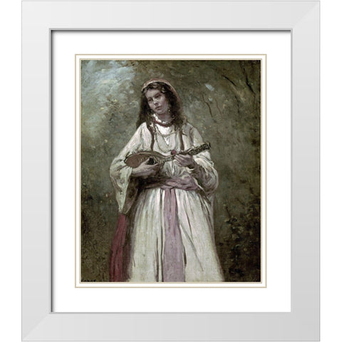 Gypsy Girl With Mandolin White Modern Wood Framed Art Print with Double Matting by Corot, Jean-Baptiste-Camille
