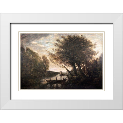 Rowing To Shore White Modern Wood Framed Art Print with Double Matting by Corot, Jean-Baptiste-Camille