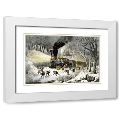 American Railroad Scene/Snowbound White Modern Wood Framed Art Print with Double Matting by Ives, Currier and