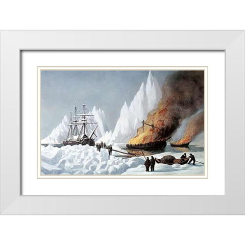 American Whalers Crushed In The Ice White Modern Wood Framed Art Print with Double Matting by Ives, Currier and