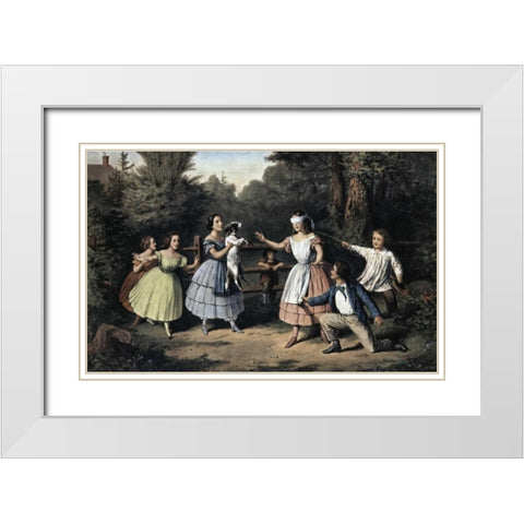 Blind Mans Buff White Modern Wood Framed Art Print with Double Matting by Currier and Ives