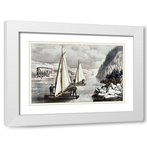 Ice Boat Race On The Hudson White Modern Wood Framed Art Print with Double Matting by Ives, Currier and
