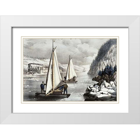 Ice Boat Race On The Hudson White Modern Wood Framed Art Print with Double Matting by Ives, Currier and