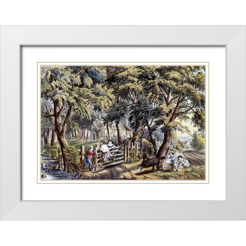 Old Farm Gate White Modern Wood Framed Art Print with Double Matting by Currier and Ives