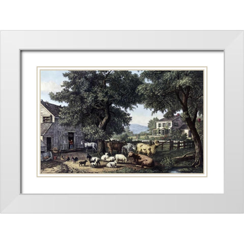 Old Homestead White Modern Wood Framed Art Print with Double Matting by Currier and Ives