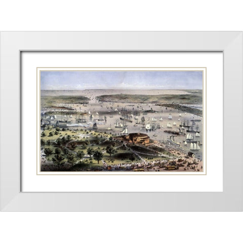 Port of New York Birds Eye View From The Battery, Looking South White Modern Wood Framed Art Print with Double Matting by Currier and Ives