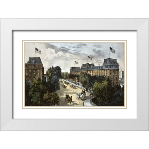 Saratoga Springs White Modern Wood Framed Art Print with Double Matting by Currier and Ives