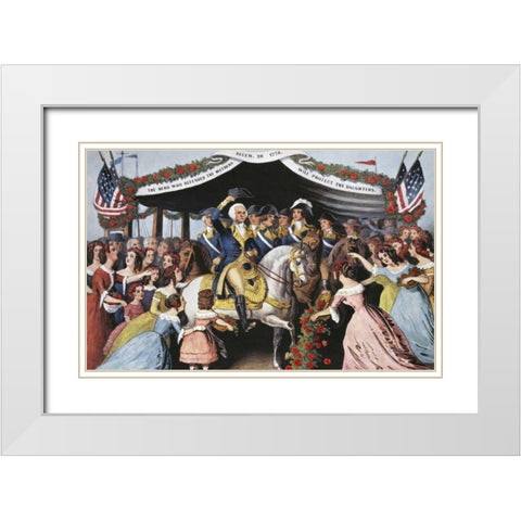 Washingtons Reception, On The Bridge Trenton White Modern Wood Framed Art Print with Double Matting by Currier and Ives