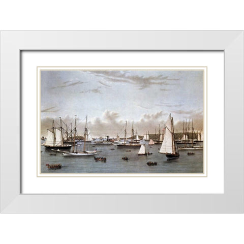Yacht Squadron - Newport White Modern Wood Framed Art Print with Double Matting by Currier and Ives