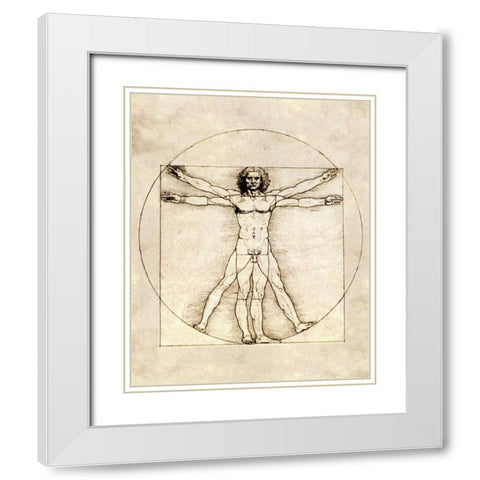 Proportions of the Human Figure - Vitruvian Man White Modern Wood Framed Art Print with Double Matting by Da Vinci, Leonardo