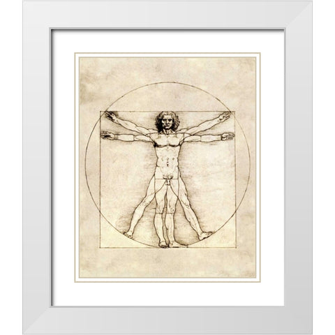 Proportions of the Human Figure - Vitruvian Man White Modern Wood Framed Art Print with Double Matting by Da Vinci, Leonardo