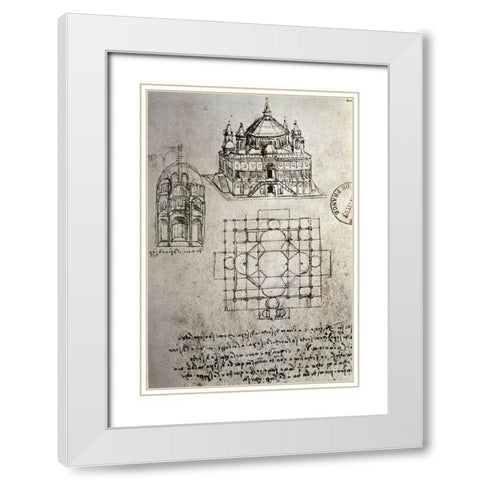Sketch of a Square Church with Central Dome and Minaret White Modern Wood Framed Art Print with Double Matting by Da Vinci, Leonardo