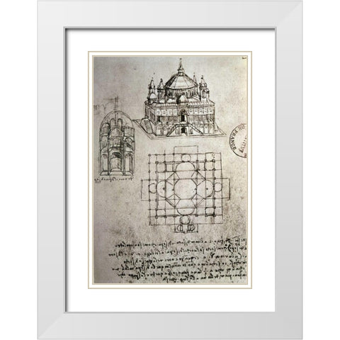 Sketch of a Square Church with Central Dome and Minaret White Modern Wood Framed Art Print with Double Matting by Da Vinci, Leonardo