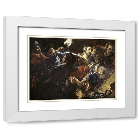 Taking of Christ White Modern Wood Framed Art Print with Double Matting by de Boulogn, Jean Valentin