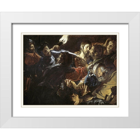 Taking of Christ White Modern Wood Framed Art Print with Double Matting by de Boulogn, Jean Valentin