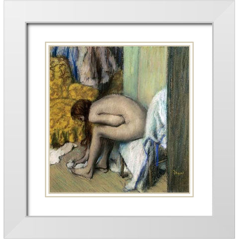 After the Bath, Woman Drying Her Feet, 1886 White Modern Wood Framed Art Print with Double Matting by Degas, Edgar