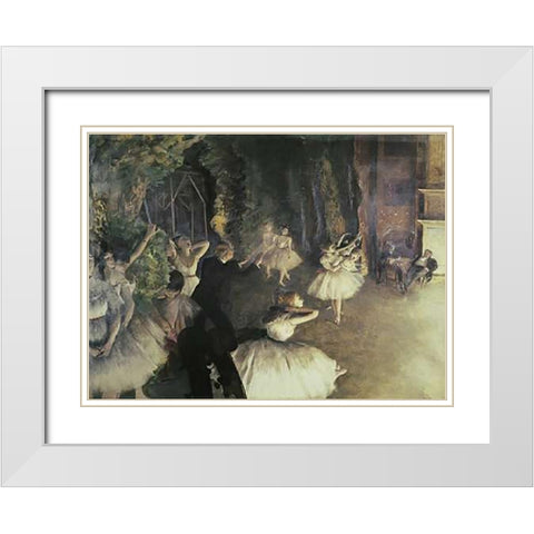 Rehearsal of the Ballet on Stage White Modern Wood Framed Art Print with Double Matting by Degas, Edgar