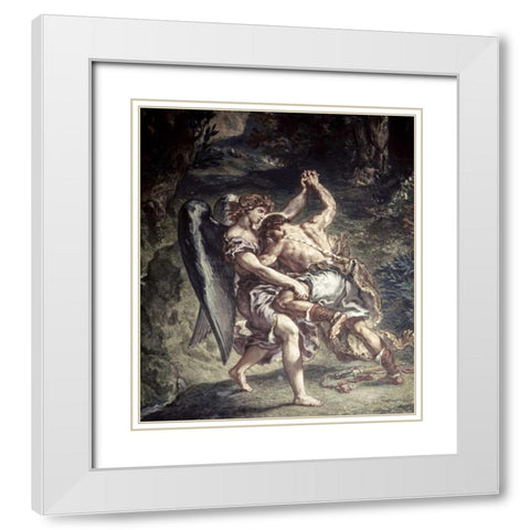 Jacob Wrestles With The Angel White Modern Wood Framed Art Print with Double Matting by Delacroix, Eugene