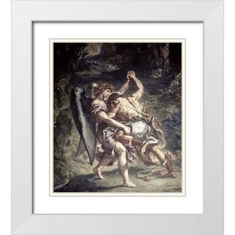 Jacob Wrestles With The Angel White Modern Wood Framed Art Print with Double Matting by Delacroix, Eugene