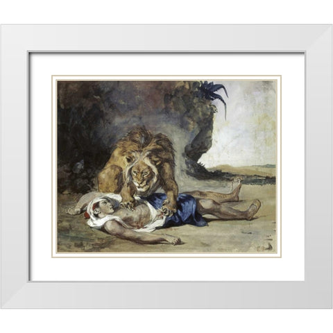 Lion Rending Apart a Corpse White Modern Wood Framed Art Print with Double Matting by Delacroix, Eugene
